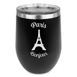 Paris Bonjour and Eiffel Tower Stemless Stainless Steel Wine Tumbler - Black - Single Sided (Personalized)