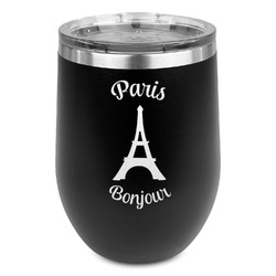 Paris Bonjour and Eiffel Tower Stemless Wine Tumbler - 5 Color Choices - Stainless Steel  (Personalized)