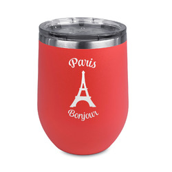 Paris Bonjour and Eiffel Tower Stemless Stainless Steel Wine Tumbler - Coral - Single Sided (Personalized)