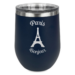 Paris Bonjour and Eiffel Tower Stemless Stainless Steel Wine Tumbler - Navy - Double Sided (Personalized)