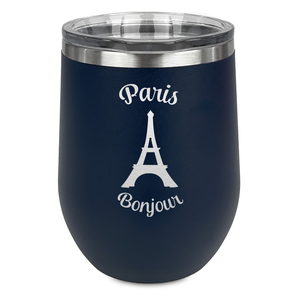 Custom Paris Bonjour and Eiffel Tower Stemless Stainless Steel Wine Tumbler - Navy - Single Sided (Personalized)