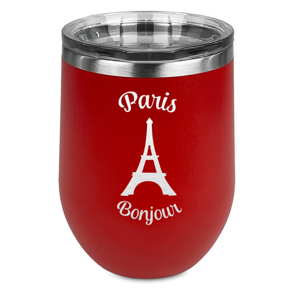 Custom Paris Bonjour and Eiffel Tower Stemless Stainless Steel Wine Tumbler - Red - Single Sided (Personalized)