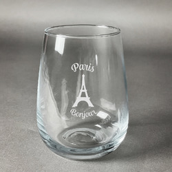Paris Bonjour and Eiffel Tower Stemless Wine Glass (Single) (Personalized)