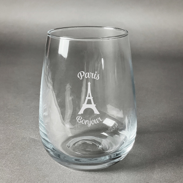 Custom Paris Bonjour and Eiffel Tower Stemless Wine Glass (Single) (Personalized)