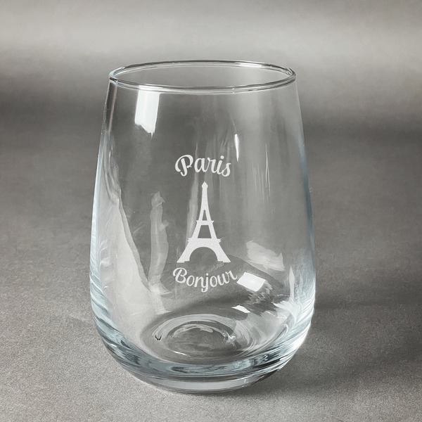 Custom Paris Bonjour and Eiffel Tower Stemless Wine Glass - Engraved (Personalized)