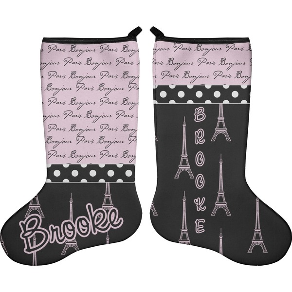 Custom Paris Bonjour and Eiffel Tower Holiday Stocking - Double-Sided - Neoprene (Personalized)