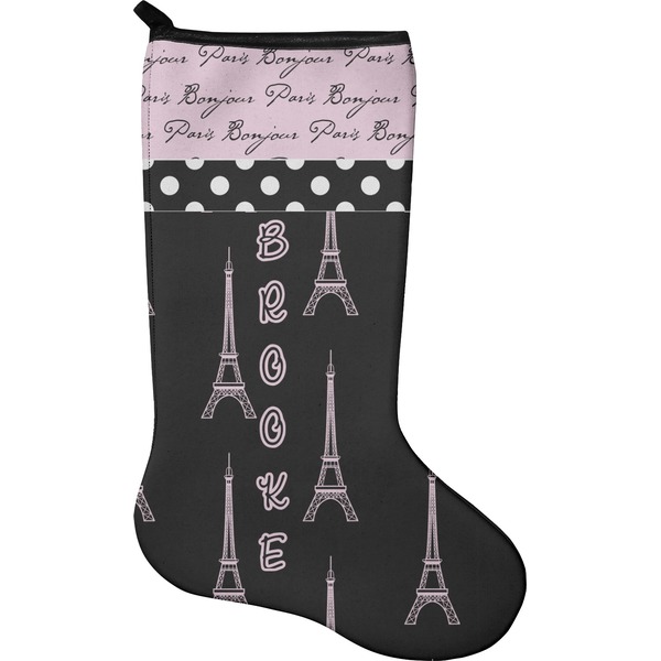 Custom Paris Bonjour and Eiffel Tower Holiday Stocking - Neoprene (Personalized)