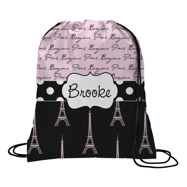 Custom Paris Bonjour and Eiffel Tower Drawstring Backpack - Large (Personalized)