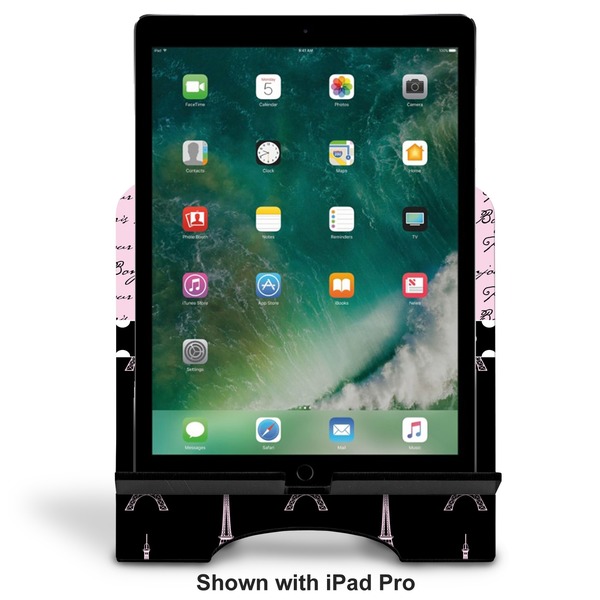 Paris Bonjour and Eiffel Tower Stylized Tablet Stand - Front with ipad