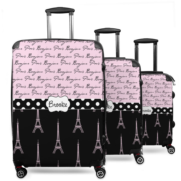 Custom Paris Bonjour and Eiffel Tower 3 Piece Luggage Set - 20" Carry On, 24" Medium Checked, 28" Large Checked (Personalized)