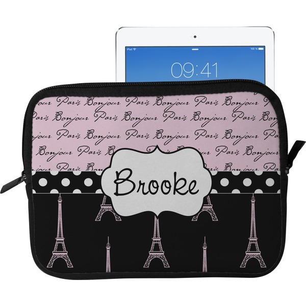Custom Paris Bonjour and Eiffel Tower Tablet Case / Sleeve - Large (Personalized)