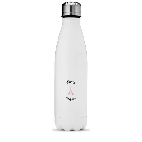 Custom Paris Bonjour and Eiffel Tower Water Bottle - 17 oz. - Stainless Steel - Full Color Printing (Personalized)