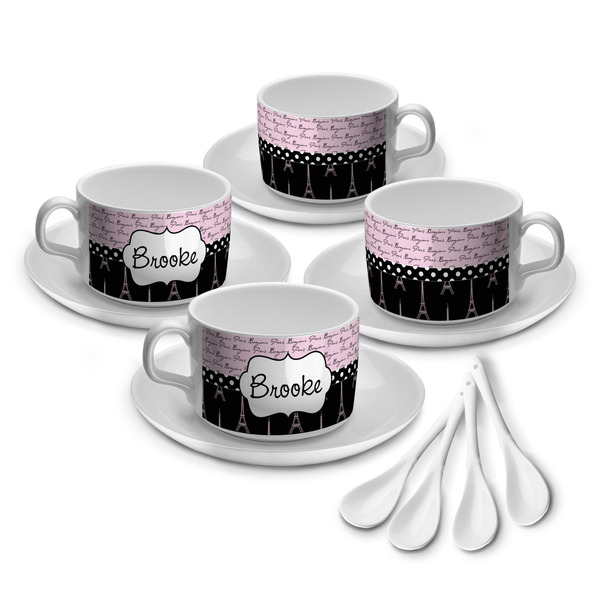 Custom Paris Bonjour and Eiffel Tower Tea Cup - Set of 4 (Personalized)