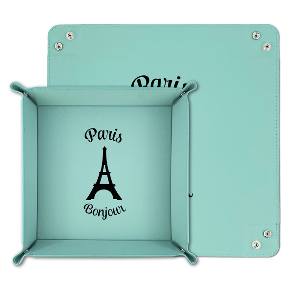 Paris Bonjour and Eiffel Tower Teal Faux Leather Valet Trays - PARENT MAIN