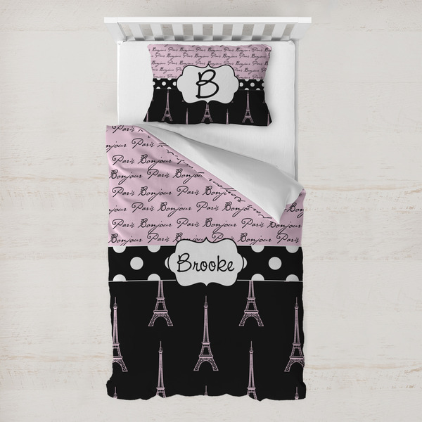 Custom Paris Bonjour and Eiffel Tower Toddler Bedding Set - With Pillowcase (Personalized)