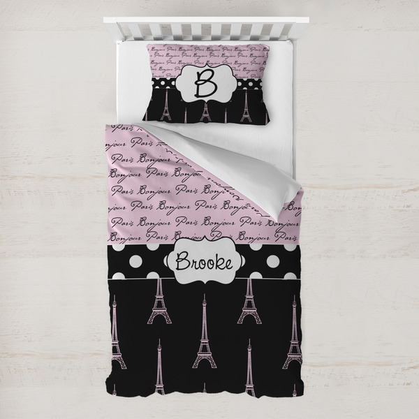 Custom Paris Bonjour and Eiffel Tower Toddler Bedding w/ Name or Text