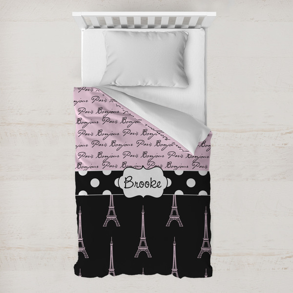 Custom Paris Bonjour and Eiffel Tower Toddler Duvet Cover w/ Name or Text