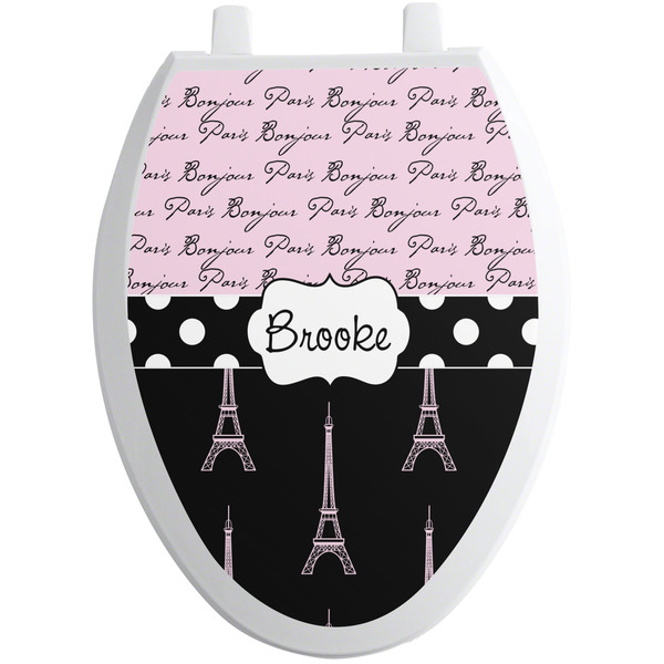 Custom Paris Bonjour and Eiffel Tower Toilet Seat Decal - Elongated (Personalized)