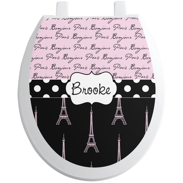 Custom Paris Bonjour and Eiffel Tower Toilet Seat Decal - Round (Personalized)