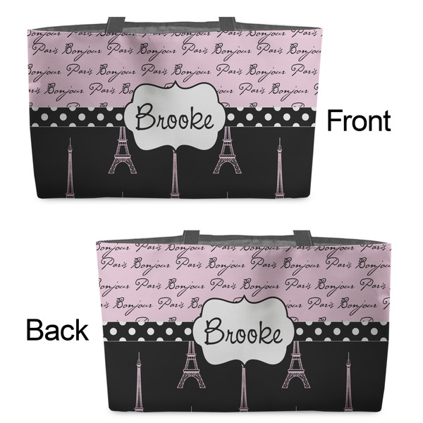Paris Bonjour and Eiffel Tower Tote w/Black Handles - Front & Back Views