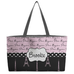 Paris Bonjour and Eiffel Tower Beach Totes Bag - w/ Black Handles (Personalized)