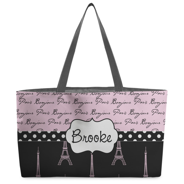 Custom Paris Bonjour and Eiffel Tower Beach Totes Bag - w/ Black Handles (Personalized)