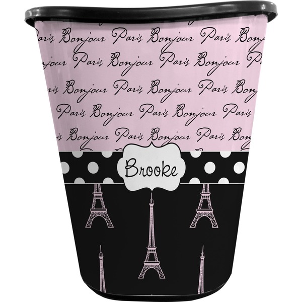 Custom Paris Bonjour and Eiffel Tower Waste Basket - Single Sided (Black) (Personalized)
