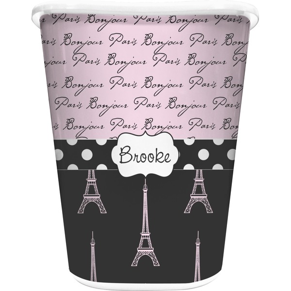 Custom Paris Bonjour and Eiffel Tower Waste Basket - Single Sided (White) (Personalized)