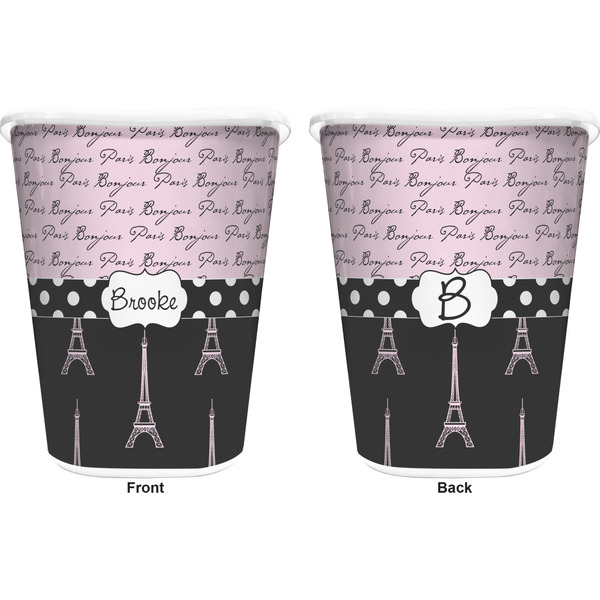 Paris Bonjour and Eiffel Tower Trash Can White - Front and Back - Apvl