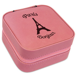 Paris Bonjour and Eiffel Tower Travel Jewelry Boxes - Pink Leather (Personalized)