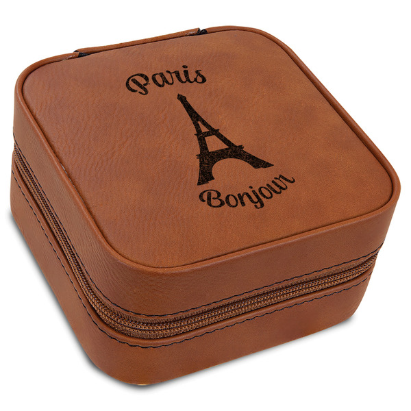 Custom Paris Bonjour and Eiffel Tower Travel Jewelry Box - Rawhide Leather (Personalized)