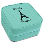 Paris Bonjour and Eiffel Tower Travel Jewelry Box - Teal Leather (Personalized)
