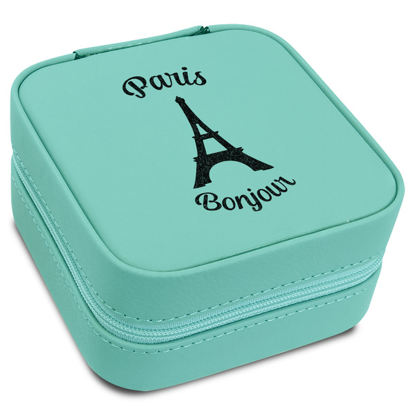Custom Paris Bonjour and Eiffel Tower Travel Jewelry Box - Teal Leather (Personalized)