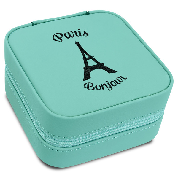Custom Paris Bonjour and Eiffel Tower Travel Jewelry Box - Teal Leather (Personalized)