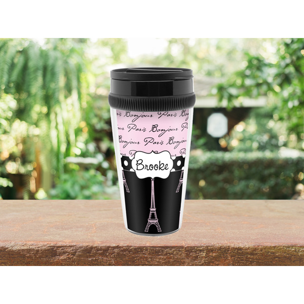 Paris Bonjour and Eiffel Tower Travel Mug Lifestyle (Personalized)