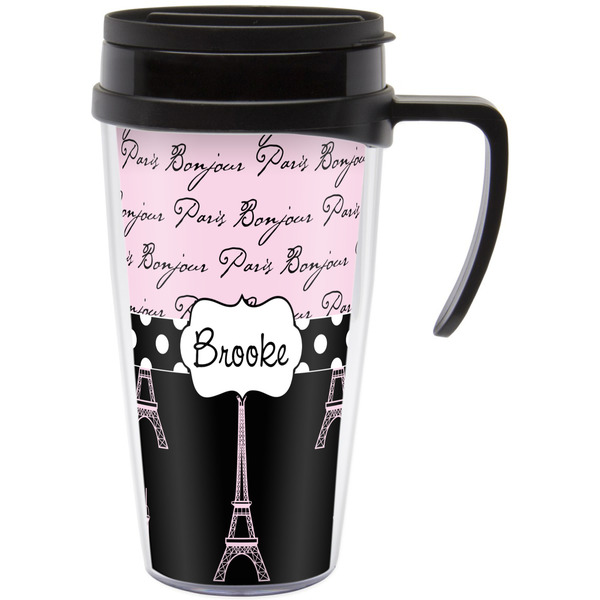 Custom Paris Bonjour and Eiffel Tower Acrylic Travel Mug with Handle (Personalized)