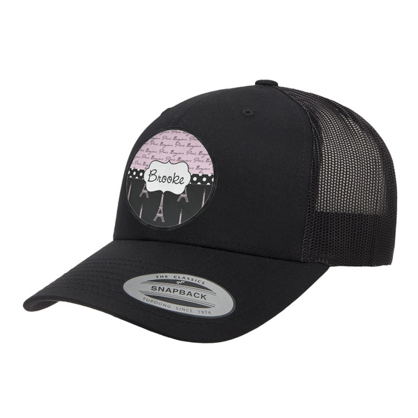 Custom Paris Bonjour and Eiffel Tower Trucker Hat - Black (Personalized)