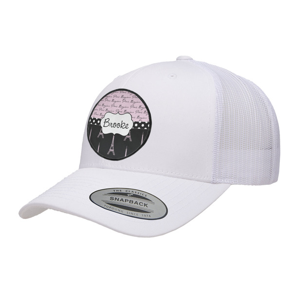 Custom Paris Bonjour and Eiffel Tower Trucker Hat - White (Personalized)