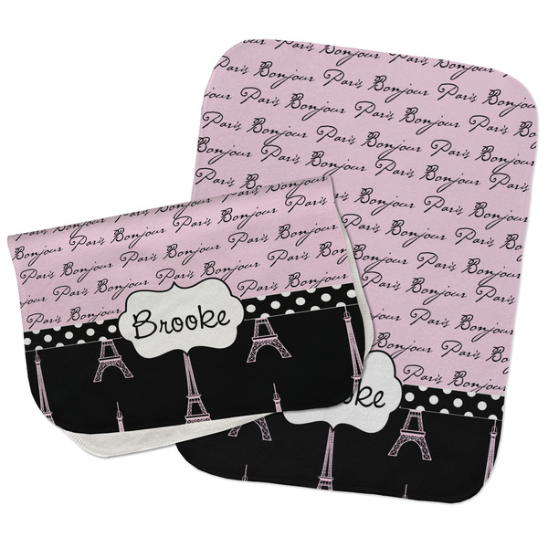 Paris Bonjour and Eiffel Tower Two Rectangle Burp Cloths - Open & Folded