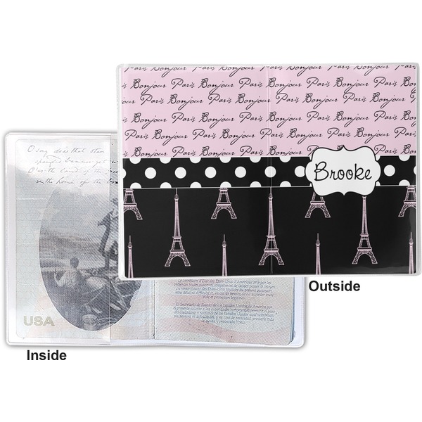 Paris Bonjour and Eiffel Tower Vinyl Passport Holder - Flat Front and Back