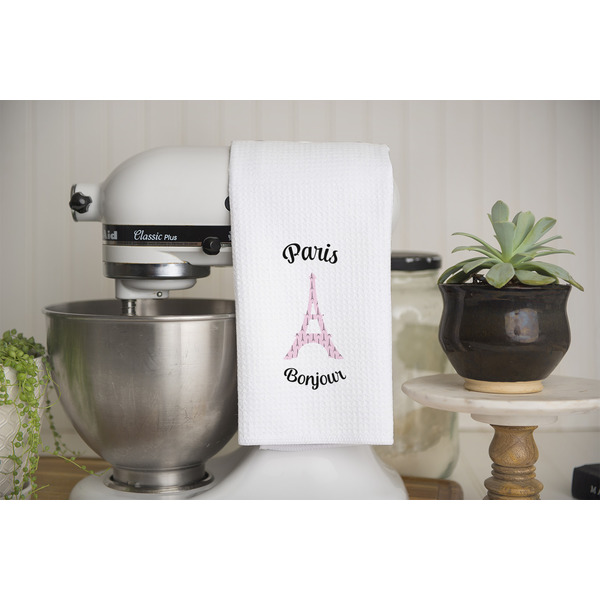 Paris Bonjour and Eiffel Tower Waffle Weave Towel - Lifestyle - Partial Print