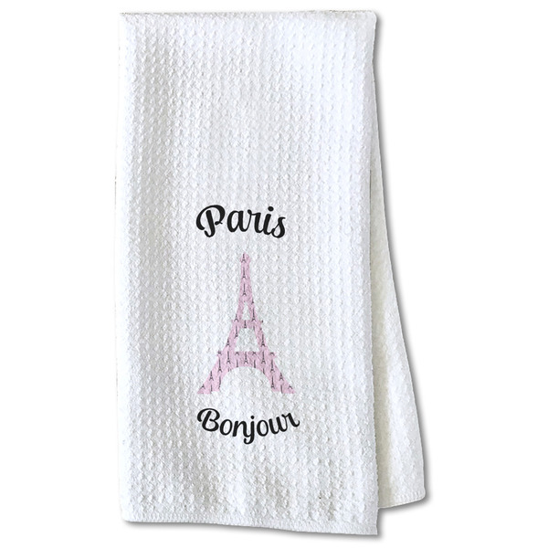 Custom Paris Bonjour and Eiffel Tower Kitchen Towel - Waffle Weave - Partial Print (Personalized)
