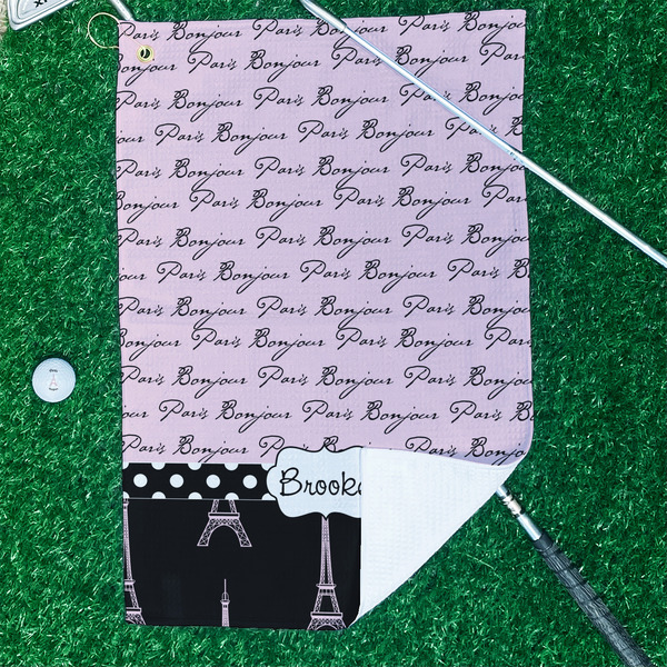 Paris Bonjour and Eiffel Tower Waffle Weave Golf Towel - In Context