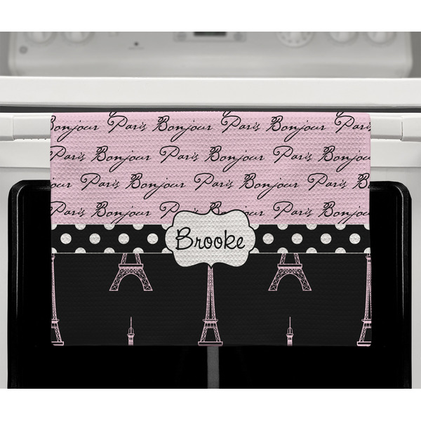 Paris Bonjour and Eiffel Tower Waffle Weave Towel - Full Color Print - Lifestyle2 Image