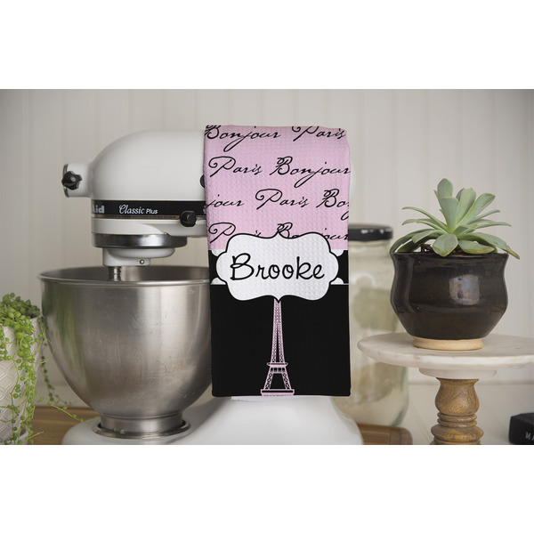 Paris Bonjour and Eiffel Tower Waffle Weave Towel - Full Color Print - Lifestyle Image