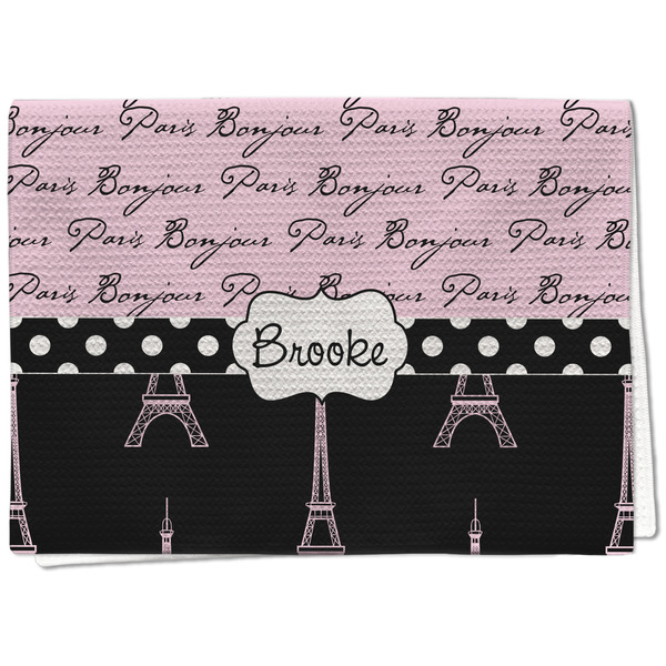 Custom Paris Bonjour and Eiffel Tower Kitchen Towel - Waffle Weave - Full Color Print (Personalized)