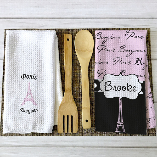 Paris Bonjour and Eiffel Tower Waffle Weave Towels - 2 Print Styles
