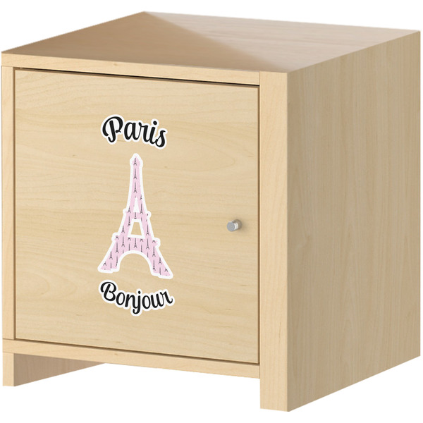 Paris Bonjour and Eiffel Tower Wall Graphic on Wooden Cabinet