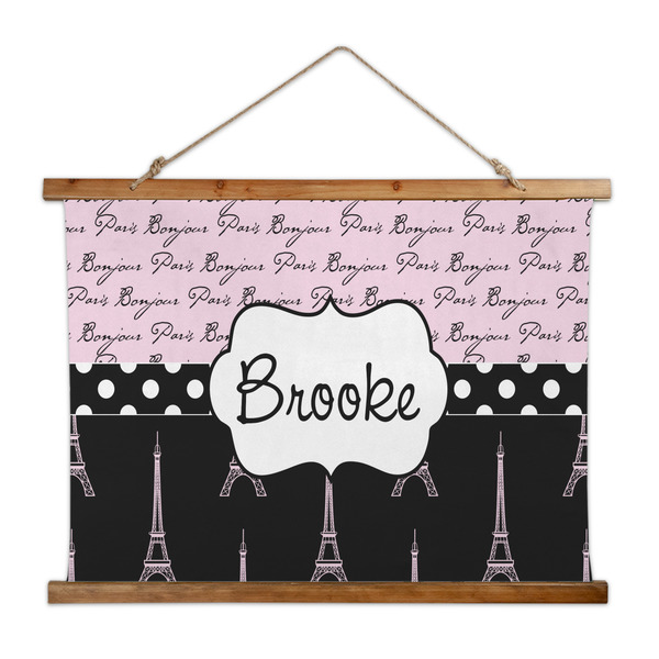 Custom Paris Bonjour and Eiffel Tower Wall Hanging Tapestry - Wide (Personalized)