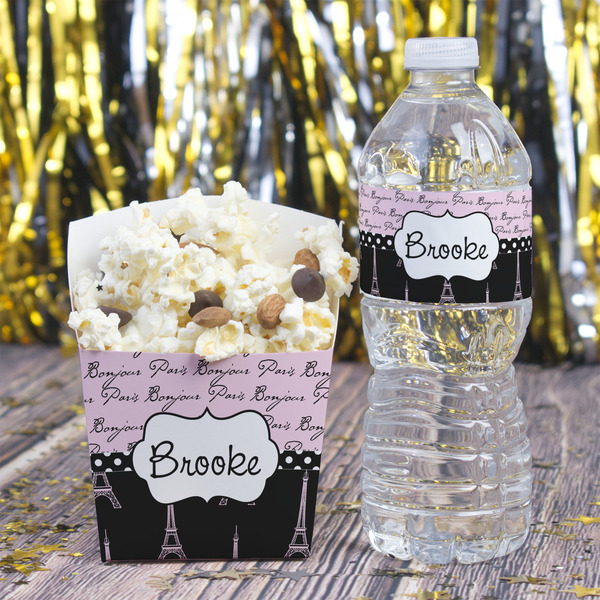 Paris Bonjour and Eiffel Tower Water Bottle Label - w/ Favor Box